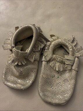 Freshly Picked Metallic Silver Baby Moccasins with Fringe